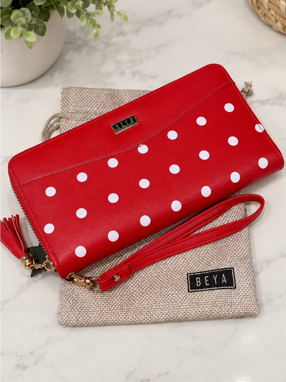 BEYA Red Polka Dot Wristlet Wallet with Detachable Strap